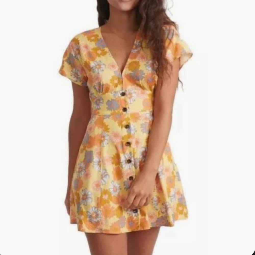 Marine Layer Yellow Floral Button-Front Mini Dress